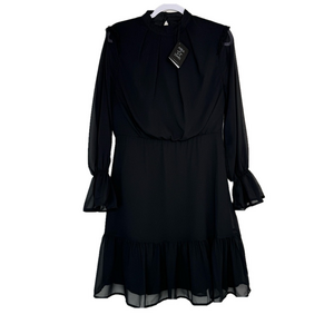 AREA STARS Women’s Black Long Sleeve Chiffon Mock Neck Ruffled Mini Dress